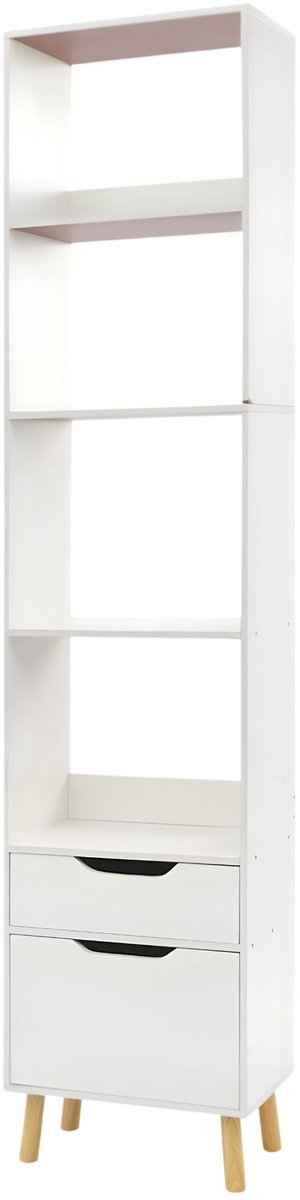 Happiq Staande boekenkast – Voor boekenopslag – 2 opberglades, smal ontwerp – Lichtbruin hout (180 cm hoog) White