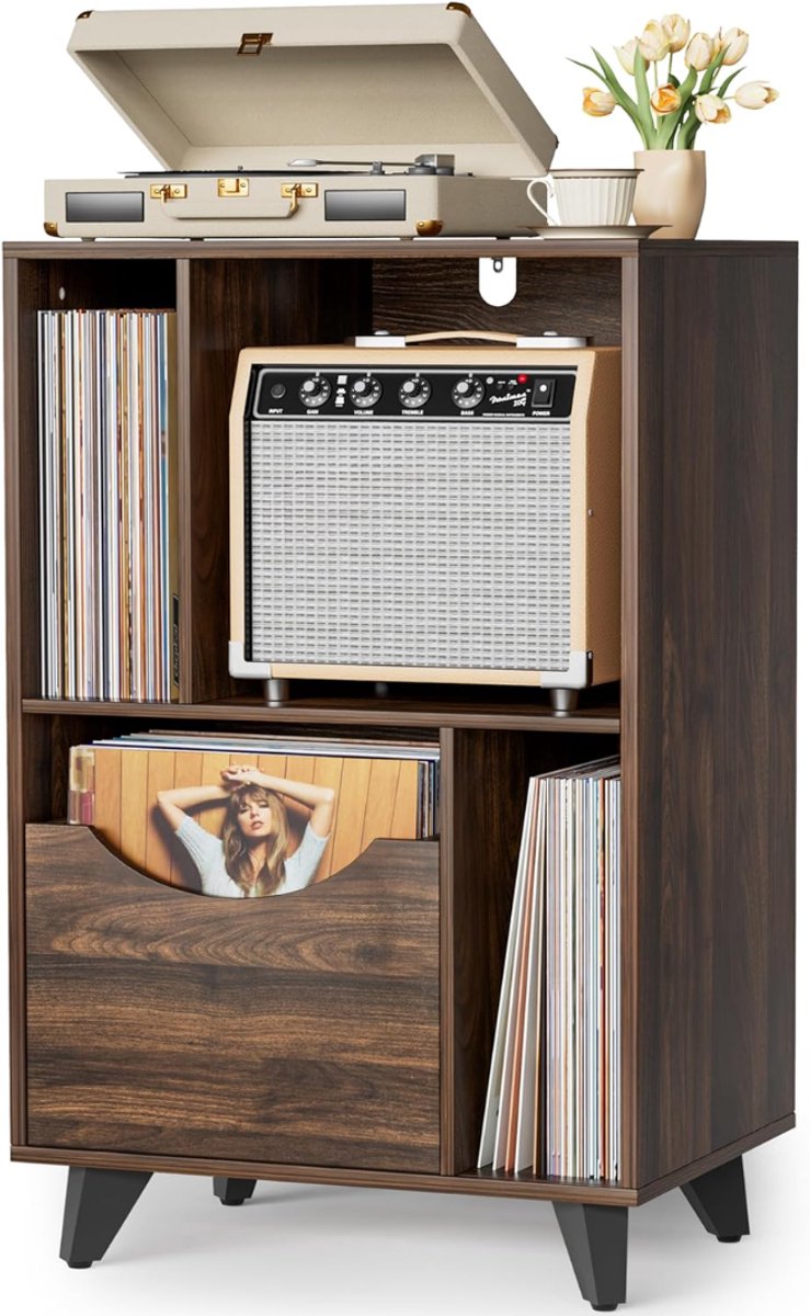 SNJY® Platenspeler Meubel - Platenspeler Kast - LP Houder - Platenhouder - 40D x 55B x 89H cm - Bruin