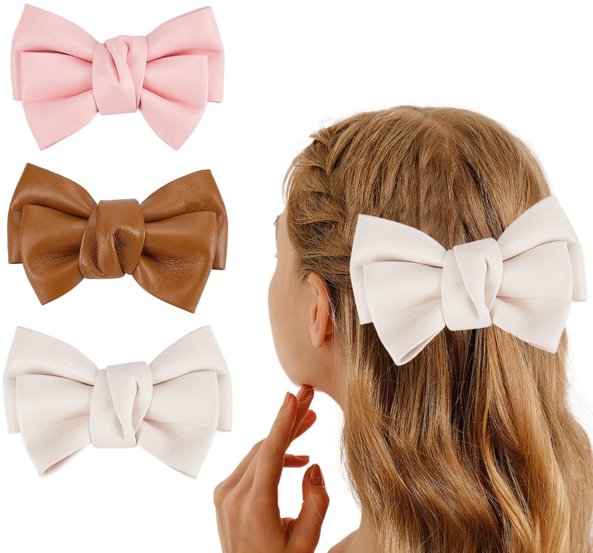 Set van 3 haarspelden met PU-leer strik, handgemaakt - Eendensnavel design in roze en wit - Trendy haaraccessoires voor dagelijks gebruik