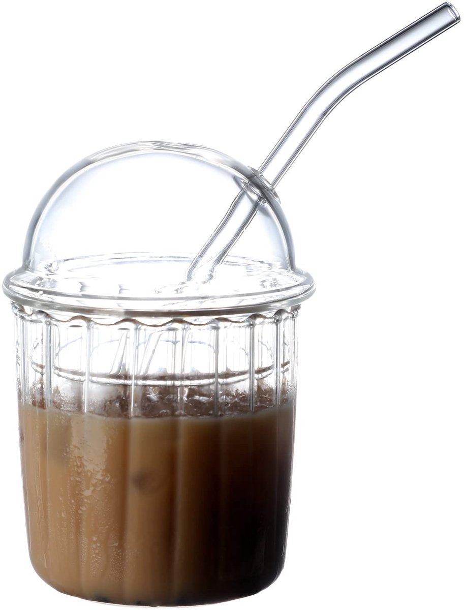 Vt products - Leuke drinkglazen - Smoothiebekers met koepeldeksel - Herbruikbaar - Glazen koffiekop - Ideaal voor thuis en onderweg - 455 ml - Perfect
