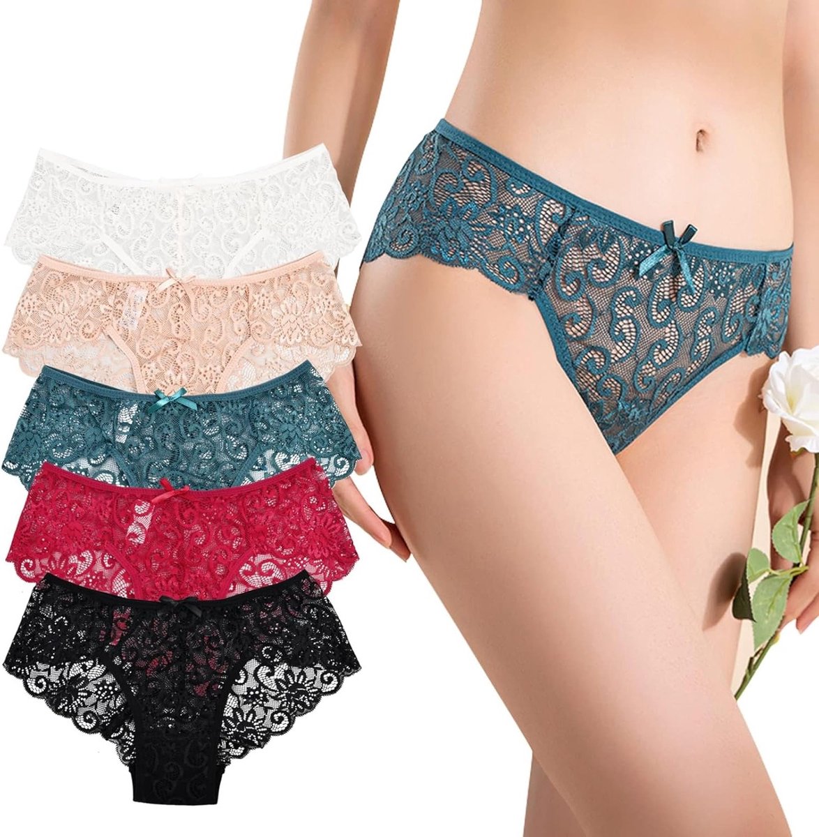 Luxe 5-delige set kant slipjes voor dames - Hipster ondergoed in 5 kleuren, lage taille, comfortabel en ademend