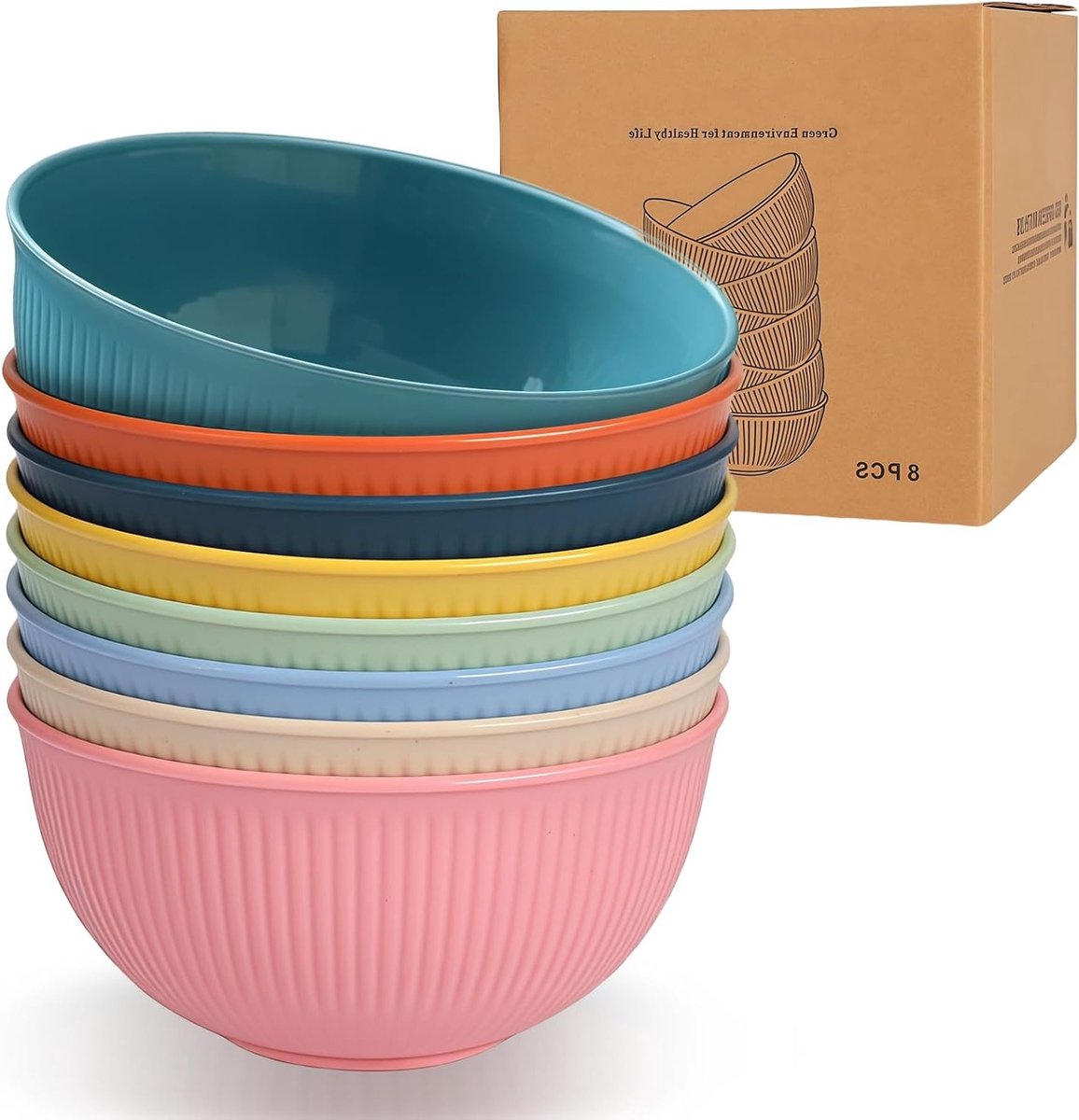 Set van 8 Schokbestendige Plastic Kommen, Herbruikbare Salade- en Soepkommen, Magnetron- en Vaatwasserbestendig, 680 ml, 8 Kleuren