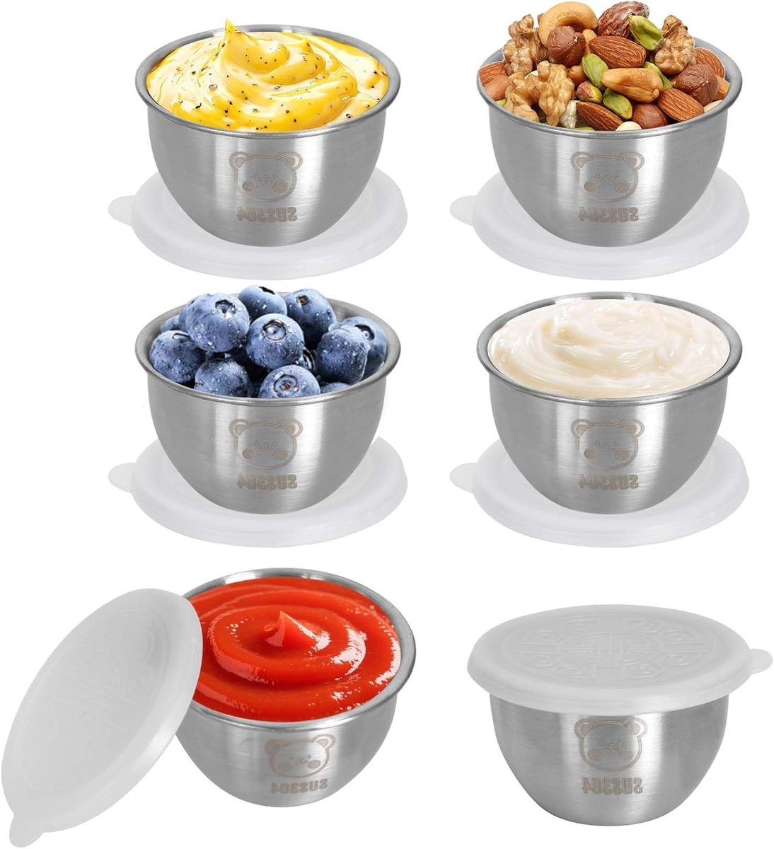 Set van 6 RVS Mini Sauzencontainers van 50ml met Deksel - Herbruikbare Kruidenspotjes voor