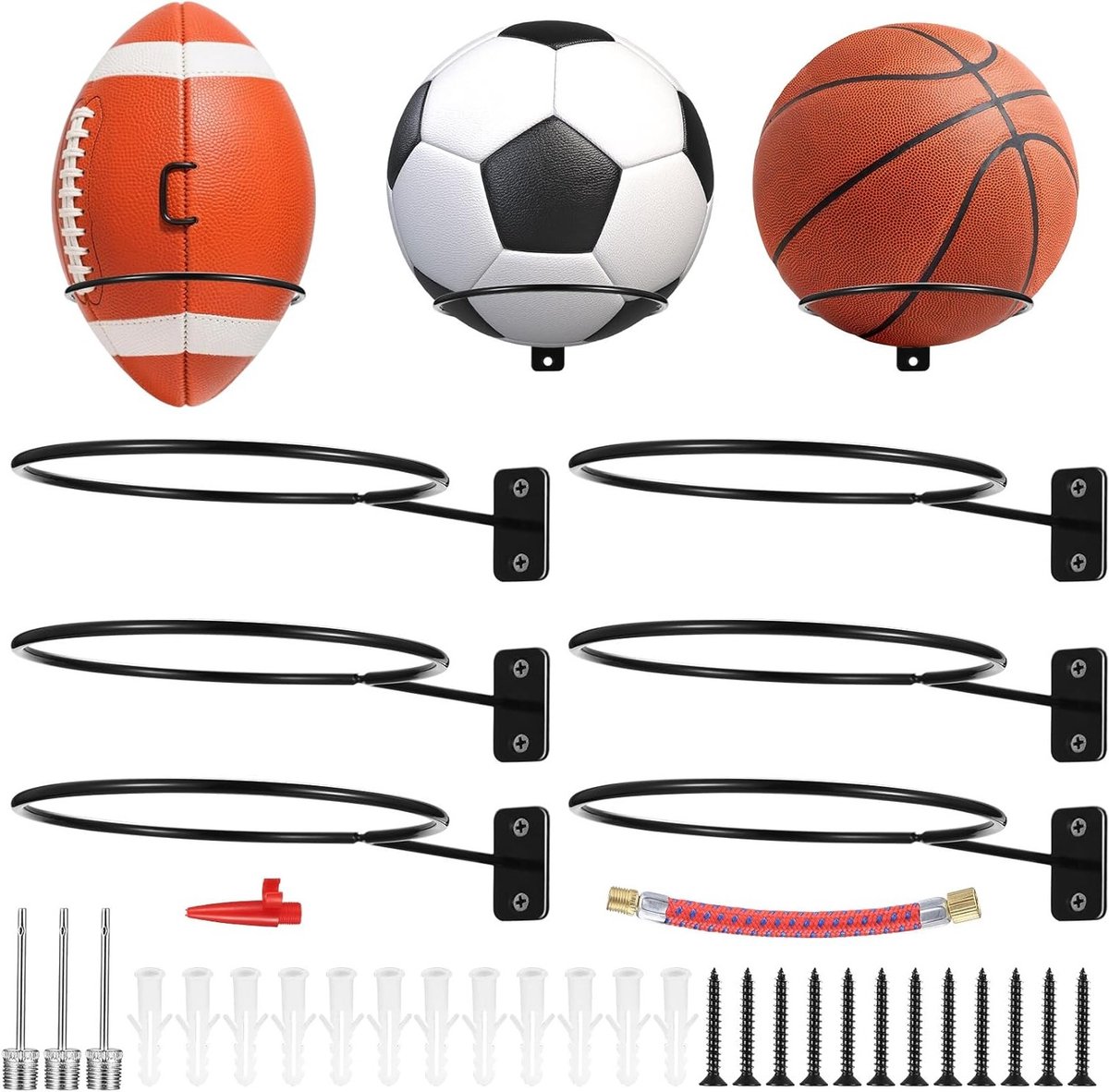 Zesdelige Wandhouder voor Sportballen, Muurbevestiging voor Basketballen, Voetballen en Rugbyballen, Ideaal voor Sportdisplay en Organisatie, Zwart