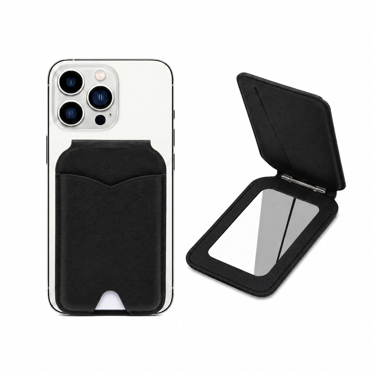 Ryoudavell - Magnetische MagSafe Pasjeshouder & Telefoonhouder voor iPhone 17/16/15/14/13/12 Pro Max Plus Mini - RFID Kaarthouder met Spiegel - Lederen Magsafe Wallet Wallet Case - Telefoon Houder Standaard Achterkant voor 5 Pasjes