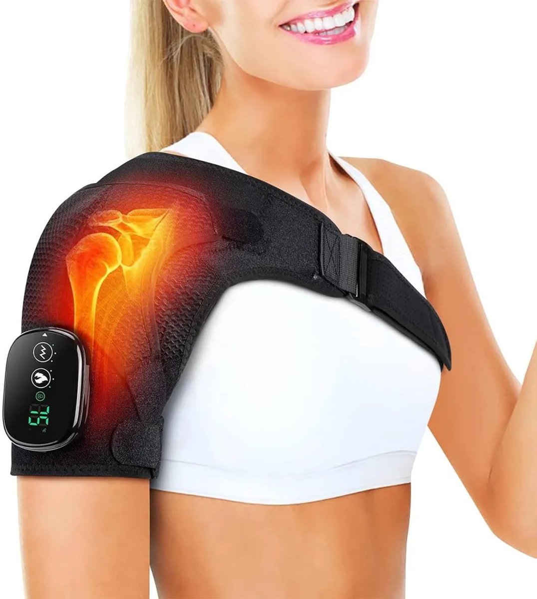 Schoudersteunband, draadloos verwarmd schoudermassagekussen, schoudersteunband met drie verwarmingsstanden en vibratiefunctie, touchscreenbediening, 5000mAh batterij - zwart
