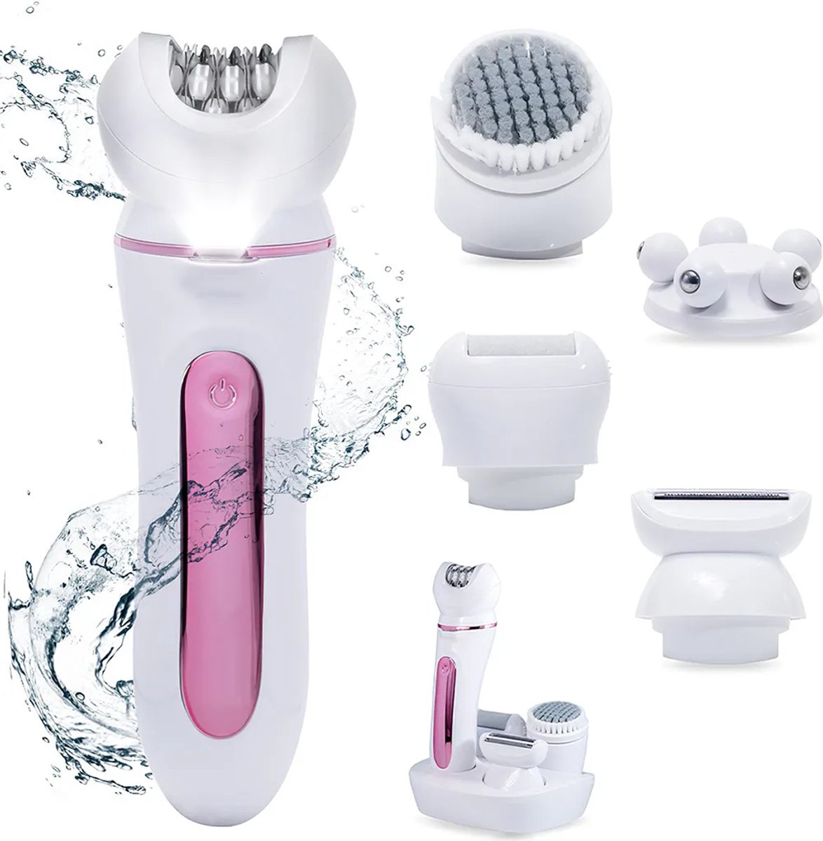 Elektrisch scheerapparaat voor vrouwen met 5 functies – Multifunctionele epilator met verwisselbare opzetstukken, IPX7 waterdichtheid en LED-verlichting.