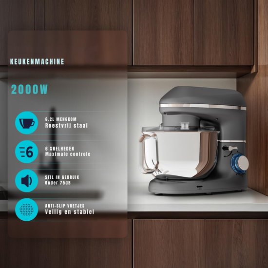 MIRA® Mixer met Mengkom - Keukenmachine - Mixer - 6 Liter Mengkom - Zilver/Grijs - ‎38 cm x 24 cm x 32 cm van Merkloos — afbeelding 3