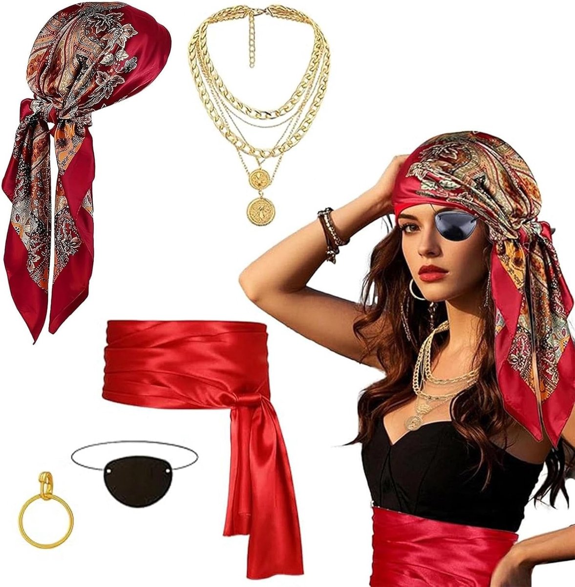 5-delige piratenkostuum accessoireset voor vrouwen met hoofddoek, riem, ooglapje en ketting voor carnaval en Halloween, perfect voor cosplay en themafeesten