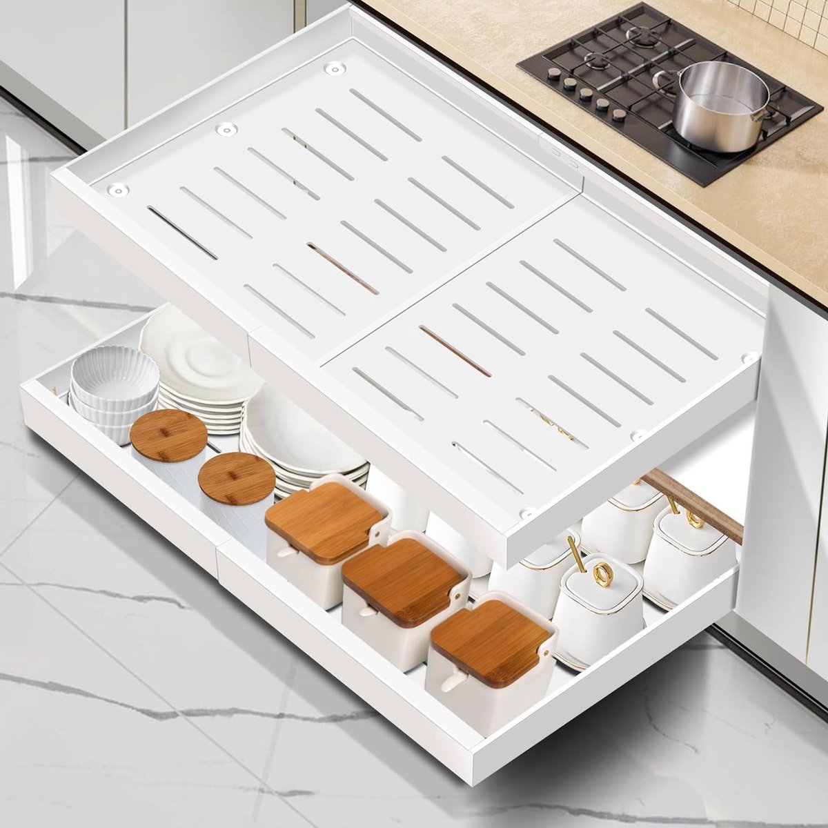Uitbreidbare Keukenlade Organizer voor Badkamer en Keuken, 2 Stuks, Verstelbare Breedte 43.5 - 68 cm, Diepte 42 cm, Ideaal voor Opbergruimte en Ordenen