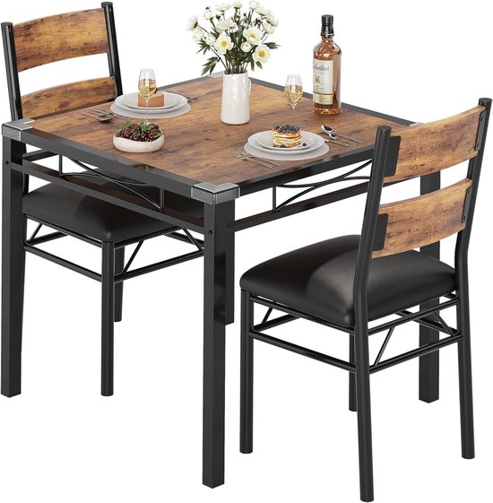 3-delige Eettafel Set voor 2 Personen - Compacte Keukentafel met 2 Gestoffeerde Stoelen - Industrieel Design - Hout en Metaal - 74x74x76 cm - bruin