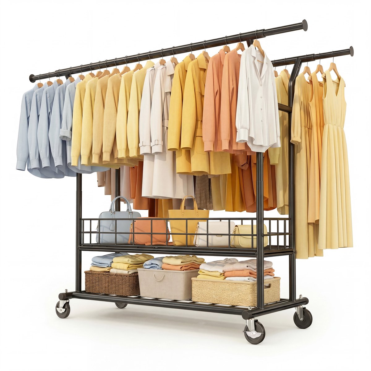 HOKEEPER Zwaar uitschuifbaar kledingrek op wielen – dubbele stang, 116-180 cm breed, hoogte 158-170 cm, 283 kg draagkracht, met wasmand en planken – chroom