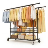 HOKEEPER Zwaar uitschuifbaar kledingrek op wielen – dubbele stang, 116-180 cm breed, hoogte 158-170 cm, 283 kg draagkracht, met wasmand en planken – chroom