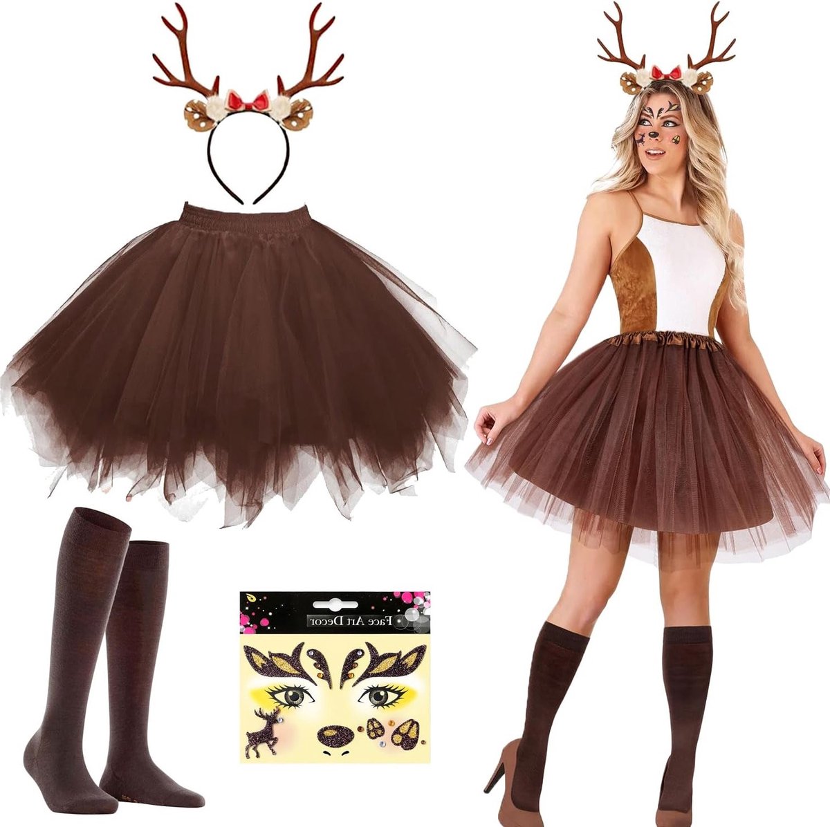 Dames Herten Kostuum met Bruine Cape, Hoofdband en Oren voor Carnaval en Halloween Feestjes