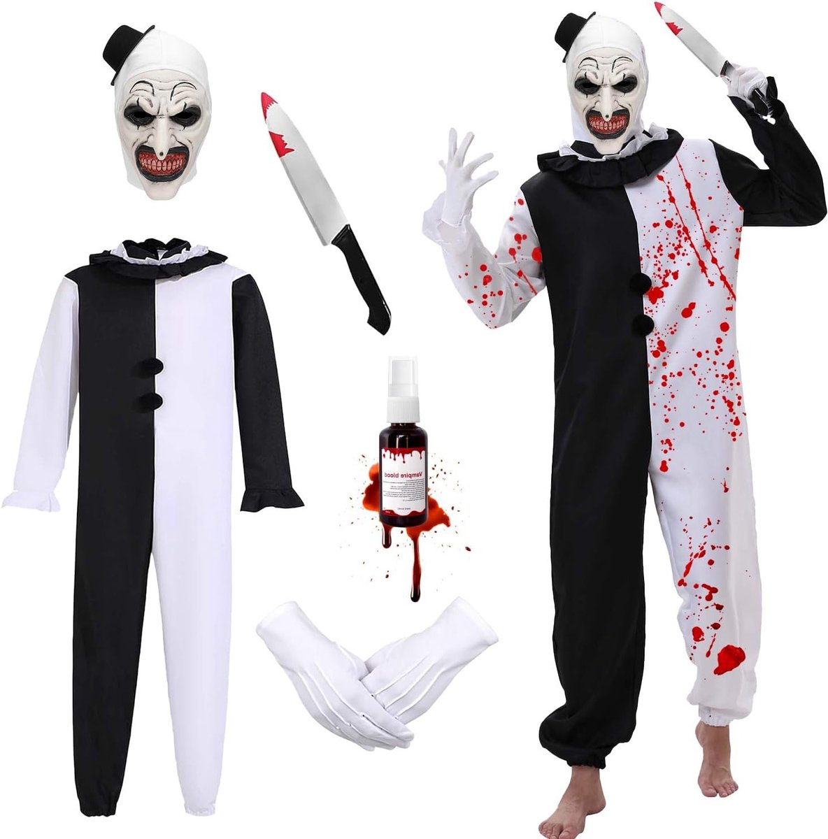 Halloween Kostuum voor Mannen - Clown Jumpsuit Set met Zwart-Witte Overalls, Bloedmeter en Masker voor Halloween en Carnaval