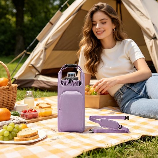 Fleshouder met riem en telefoonvak - Thermische isolatie - Handige opbergruimte - Handsfree - Afneembare riem voor de sportschool, sport, kantoor, school, autorit, dagelijks gebruik - Paars — afbeelding 3