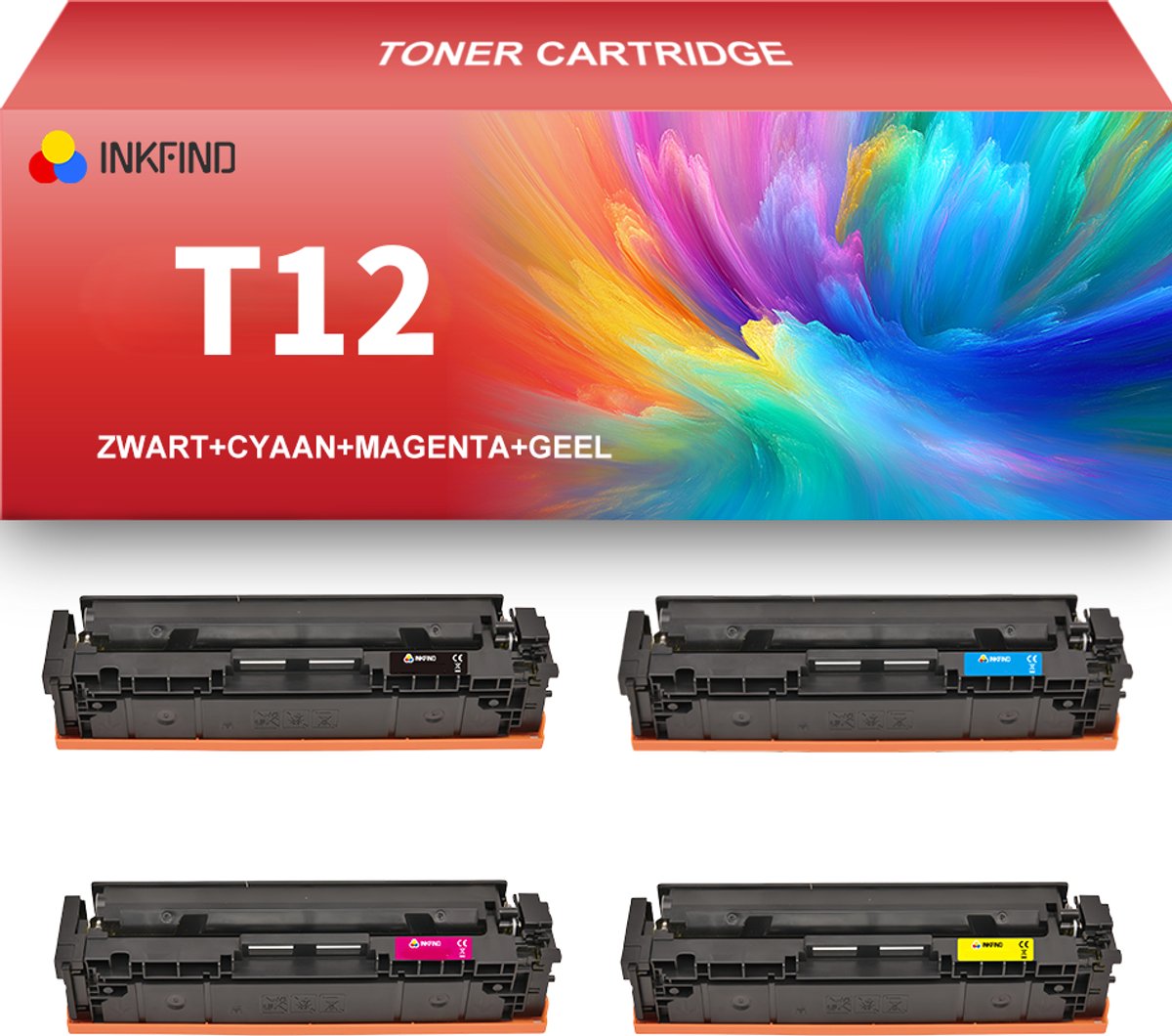 INKFIND T12 Zwart/Cyaan/Magenta/Geel tonercartridge (4 Pack) compatibel met CanonT12 T12 Zwart/Cyaan/Magenta/Geel geschikt voor Canon i-SENSYS X C1330/1333 - 4-pack BKCMY