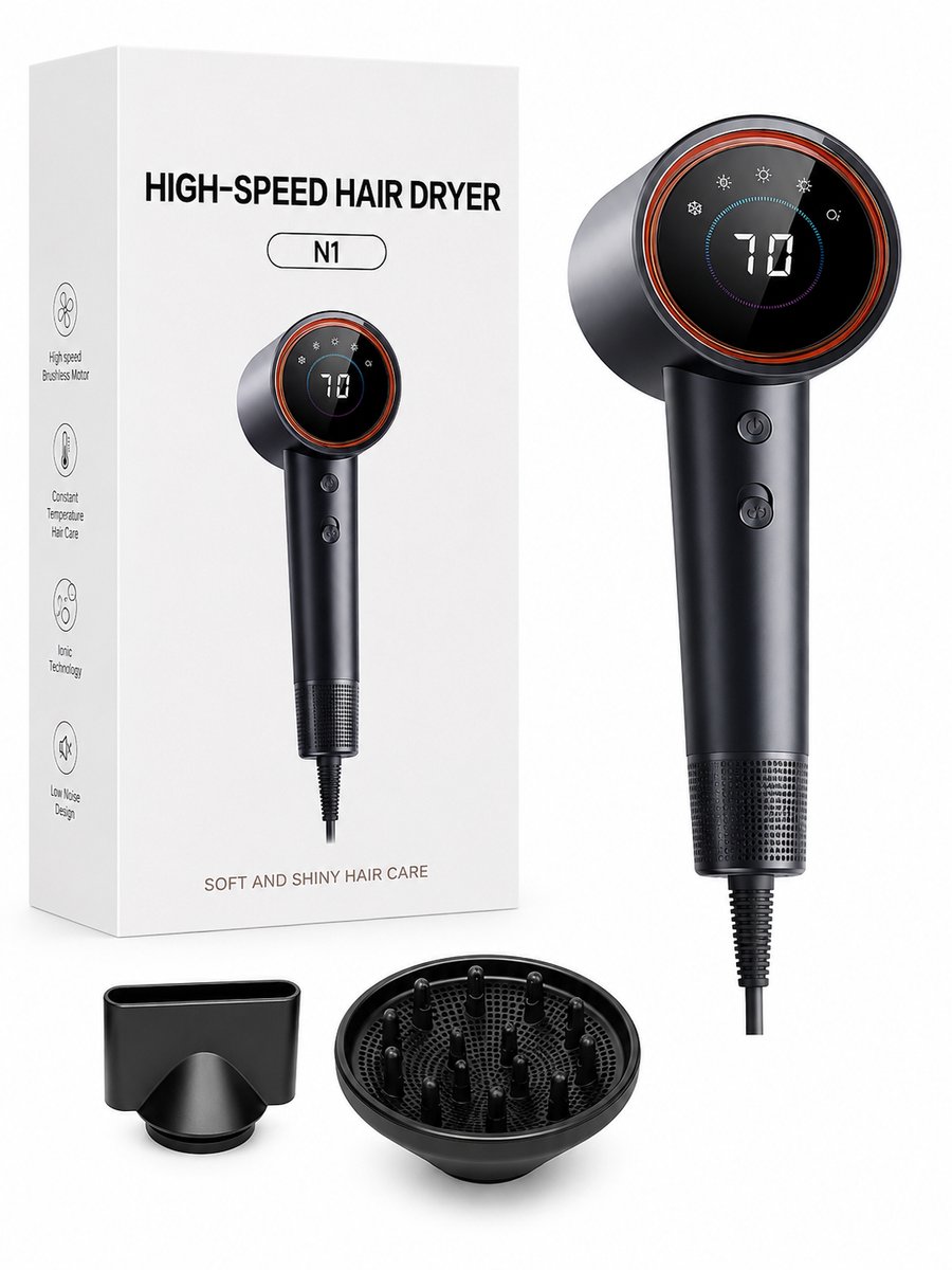 Haardroger met diffuser - Ionische haardroger - 110.000 toeren per minuut - 4 opzetstukken - Reishaardroger - Krullen - Föhn - 1600W - Grijs