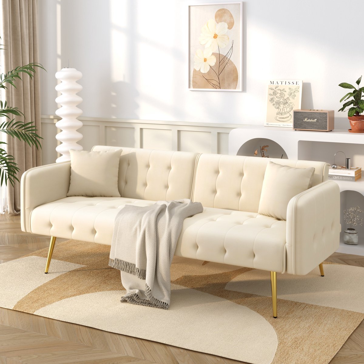 Slaapbank 2 Persoons - Verstelbare rugleuning - Gouden poten - Zetelbed - Vouwbed - 178x82x70 cm - Flueel - comfortabel - Beige