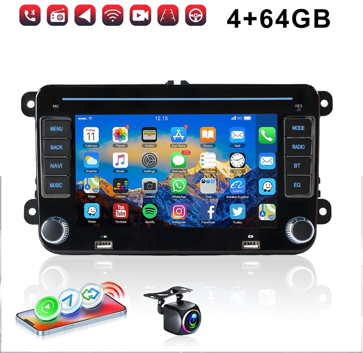 ESSGOO VW Autoradio - Geschikt voor Volkswagen, Skoda & Seat - Apple Carplay & Android Auto - Android 15 - 4+64GB - 7 Inch HD Touchscreen - Bluetooth, Dual USB, WiFi & SWC - GPS Navigatiesysteem - Achteruitrijcamera