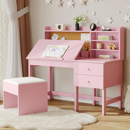 Kinderbureau met Stoel Set - Houten Studiebureau met Kantelbaar Bureaublad - Inclusief Kurkbord, Laden en Opbergrekken - Ergonomische Werkplek voor Kinderen 3-8 Jaar - 110x46x98 cm - Roze