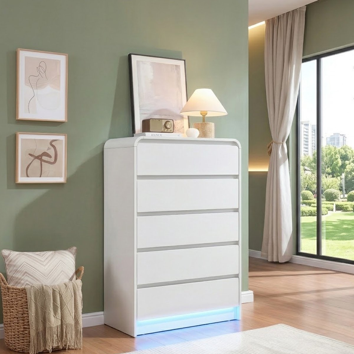 Commode, hoge 5-ladenkast met ledverlichting, opbergmeubel 73 x 40 x 110 cm, afgerond ontwerp zonder handgrepen, moderne minimalistische stijl - Wit