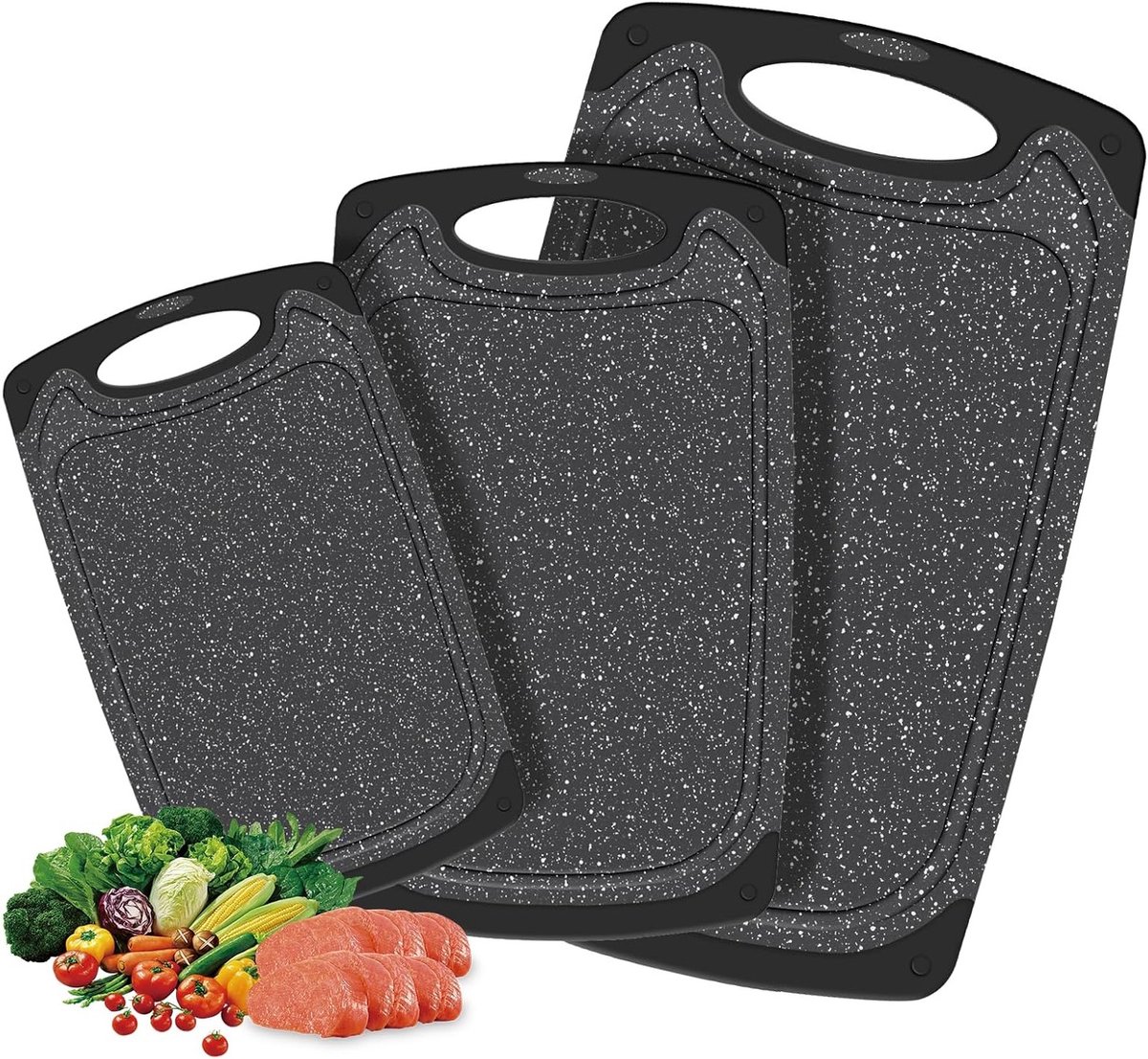 Set van 3 Plastic Snijplanken voor de Keuken - Vaatwasmachinebestendig, Antislip, Ideaal voor Vlees, Groenten en Fruit met Handvat en Sapopvang