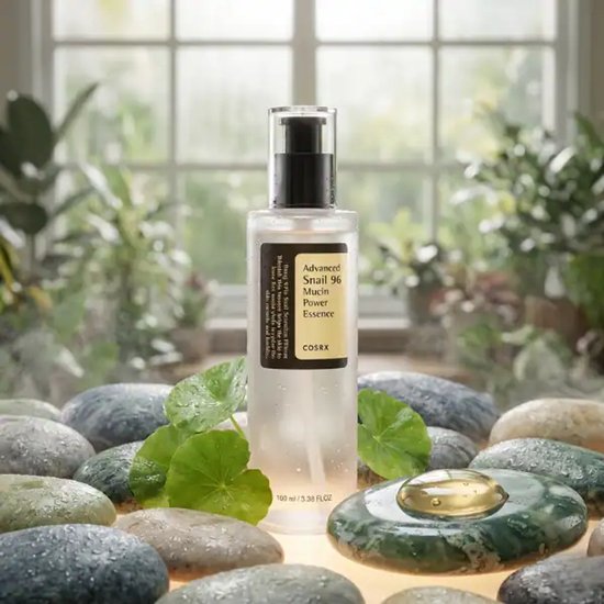 Fles COSRX Advanced Snail 96 Mucin Power Essence te midden van natte stenen en planten.