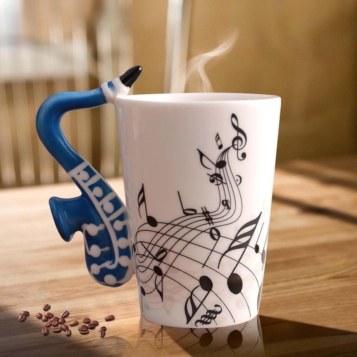 Saxofon Handvat Keramische Koffiemok, Muzikale Theekop, Perfect Cadeau voor Muziekliefhebbers, 250ml, Blauw, Uniek Ontwerp, Theekop voor Muziekfans