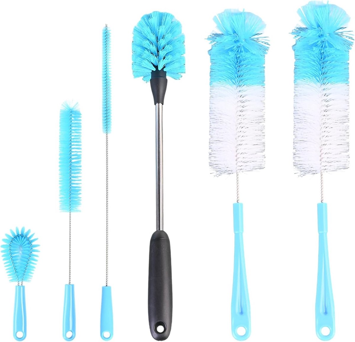 Set van 6 Nylon Flessenborstels - 42 cm Lange Borstels voor Dieptereiniging van Kleine Flessen, Glazen en Jars, Blauw