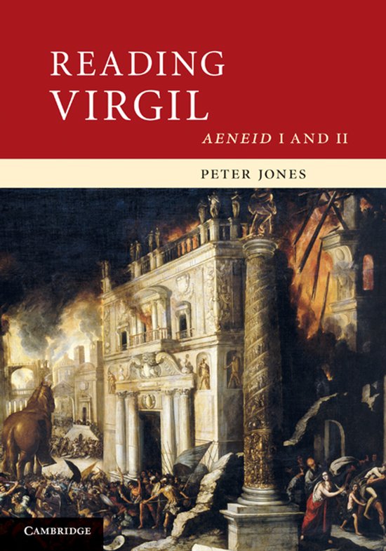 Boek 'Reading Virgil' met op de cover een schilderij van een brandende stad met veel architectuur, Cambridge University Press logo.