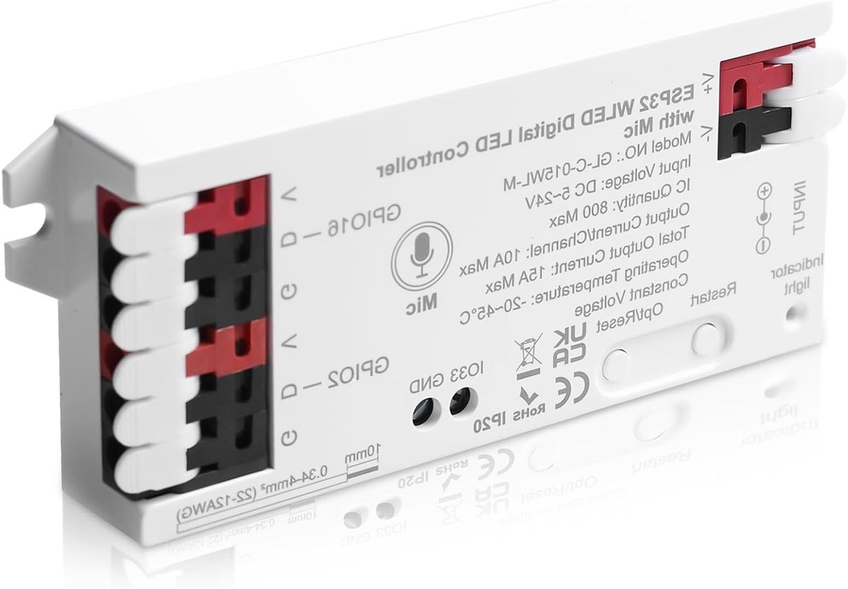 Digitale LED Strip Controller met Microfoon voor Adresserende RGB Strips, Compatibel met WS2811, WS2812B en SK6812, DC 5V-24V, Ideaal voor Verlichting en Decoratie