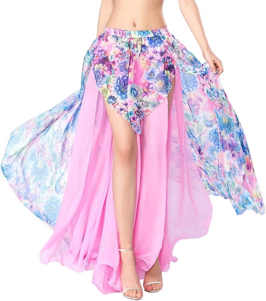 Elegante Maxi Rok voor Buikdansen met Bloemenpatroon - Chiffon Dansoutfit voor Vrouwen en Meisjes, Perfect voor Flamenco en Carnavalsoptredens, Roze, One Size
