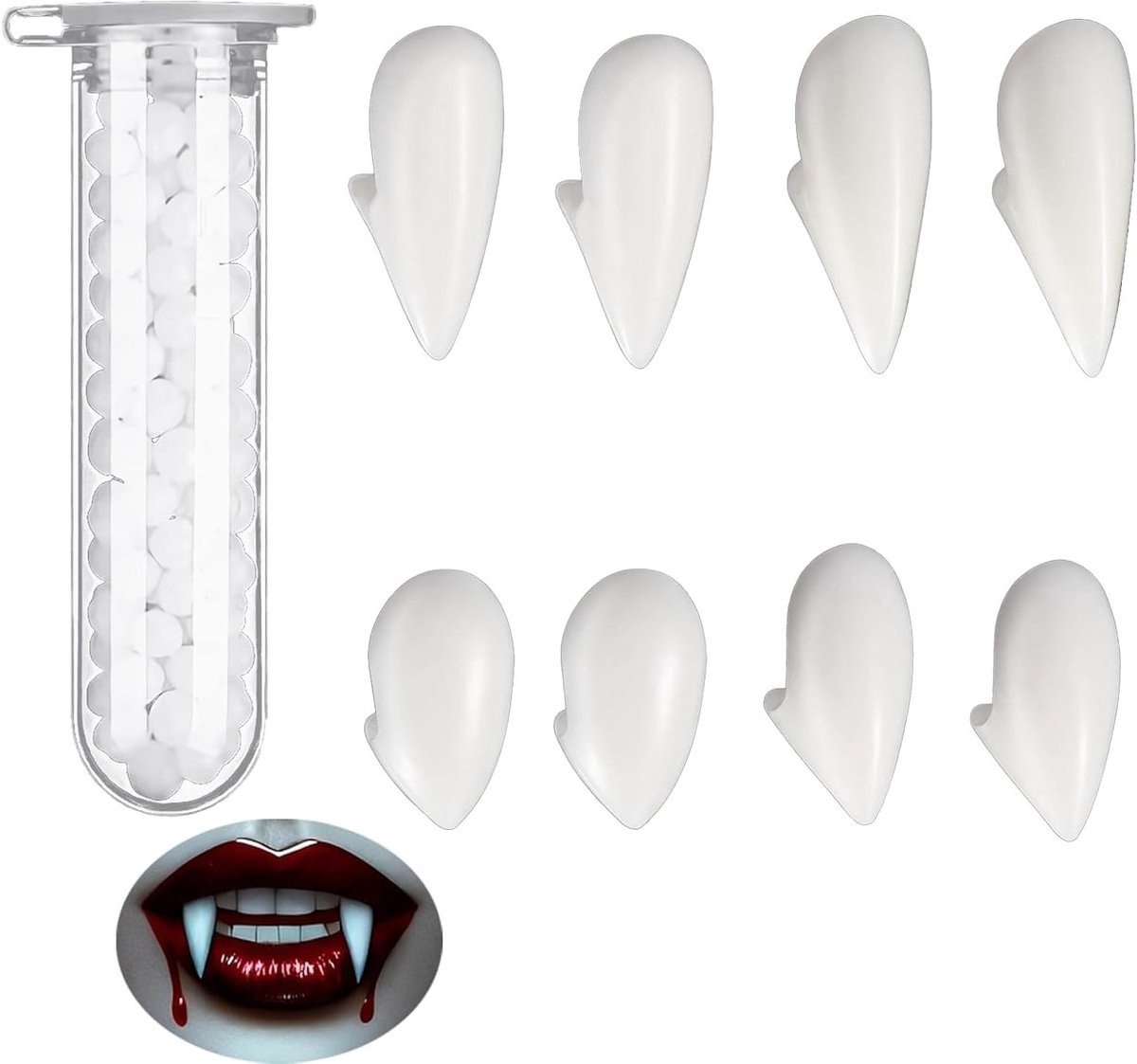 Halloween Vampier Tanden voor Cosplay en Kostuums - Nepten Valse Tanden met Tandlijm, 4 Maten Beschikbaar, Perfect voor Feestjes en Theatrale Optredens