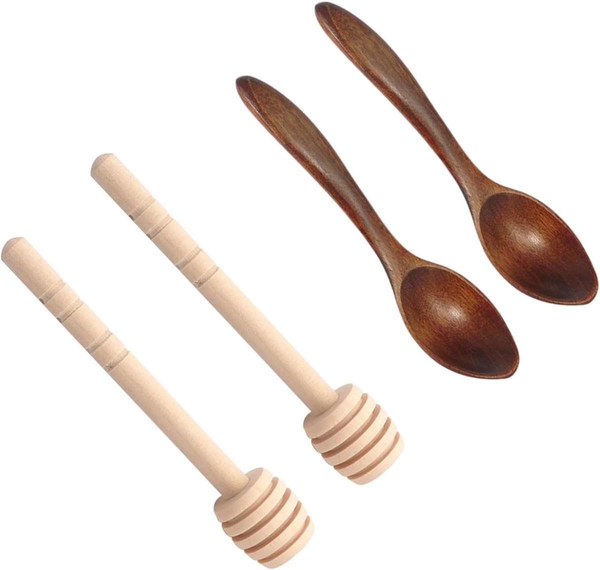 Set van 4 Houten Honinglepels en Roerstaafjes voor Makkelijk Honing Scheppen en Roeren