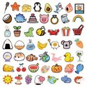 Collection de trente-six autocollants de dessins animés mignons : étoile de mer, fromage, pingouin, avocat, requin, noix de coco et plus.