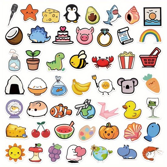 Collection de trente-six autocollants de dessins animés mignons : étoile de mer, fromage, pingouin, avocat, requin, noix de coco et plus.