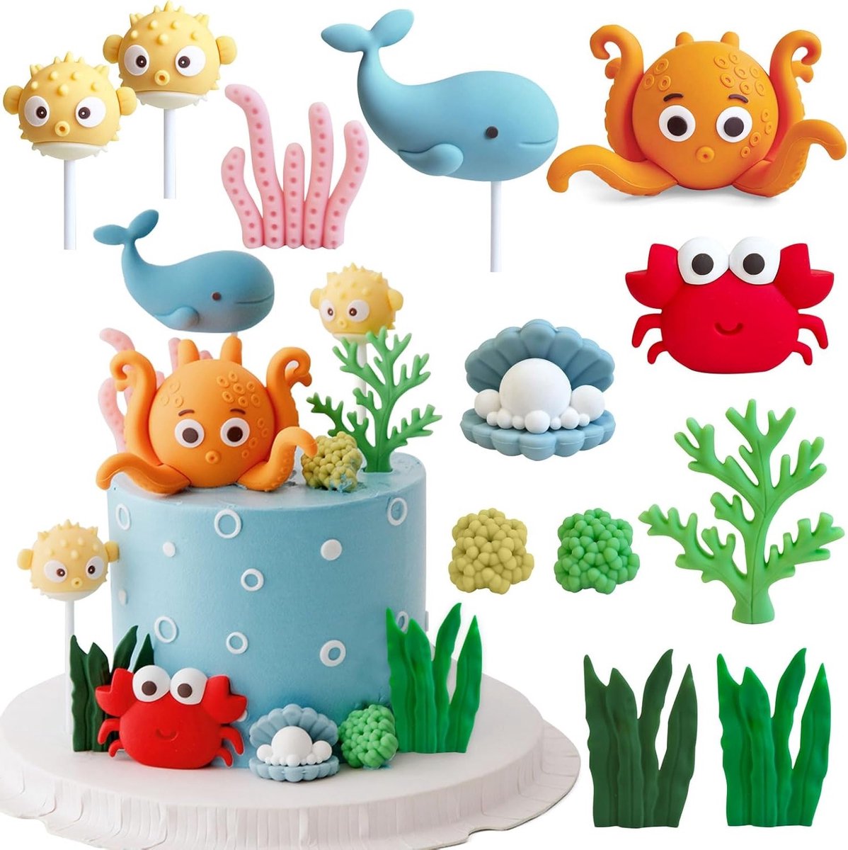 Verjaardagstaart Decoratie met Oceaan Thema voor Baby Shower en Onderwater Feest, Inclusief Taarttopper en Versieringen voor Jongens en Meisjes