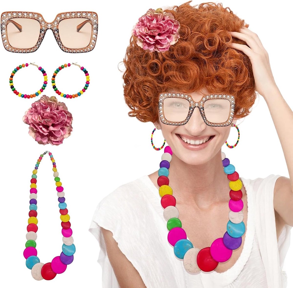 Retro Halloween Kostuum met Krullende Oranje Pruik, Retro Zonnebril en Sieraden voor Vrouwen en Meisjes Cosplay Accessoires