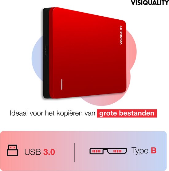 VisiQuality High-Speed Externe Harde Schijf 750 GB - Draagbare Harde Schijf USB 3.0 - Voor Windows & Mac - Xbox & PS4 games - Compact - Rood — afbeelding 3