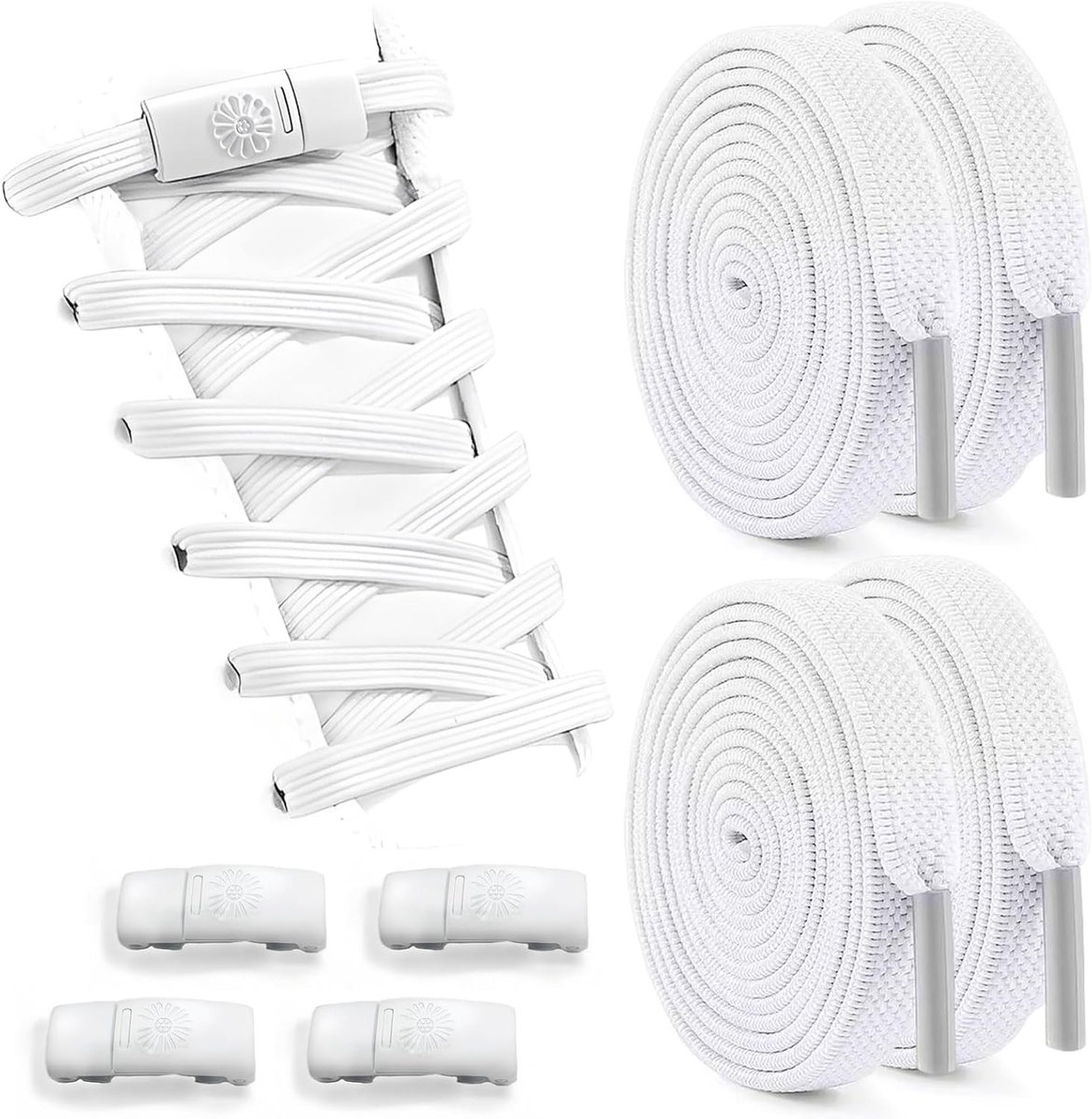 Elastische veters zonder strikken, 2 paar witte veters met metalen capsules, snel los te maken veters voor volwassenen en kinderen