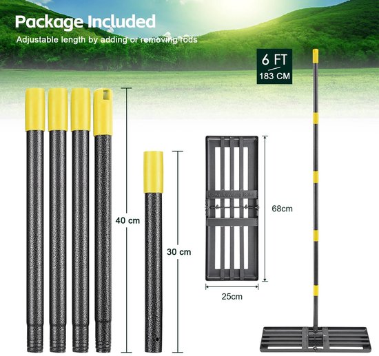 Dailygoody - Gazonhark - Opvouwbaar - Robuuste bodem - Zwart metaal - Gazonplanner - Geschikt voor tuin en golf - 183 cm — afbeelding 2