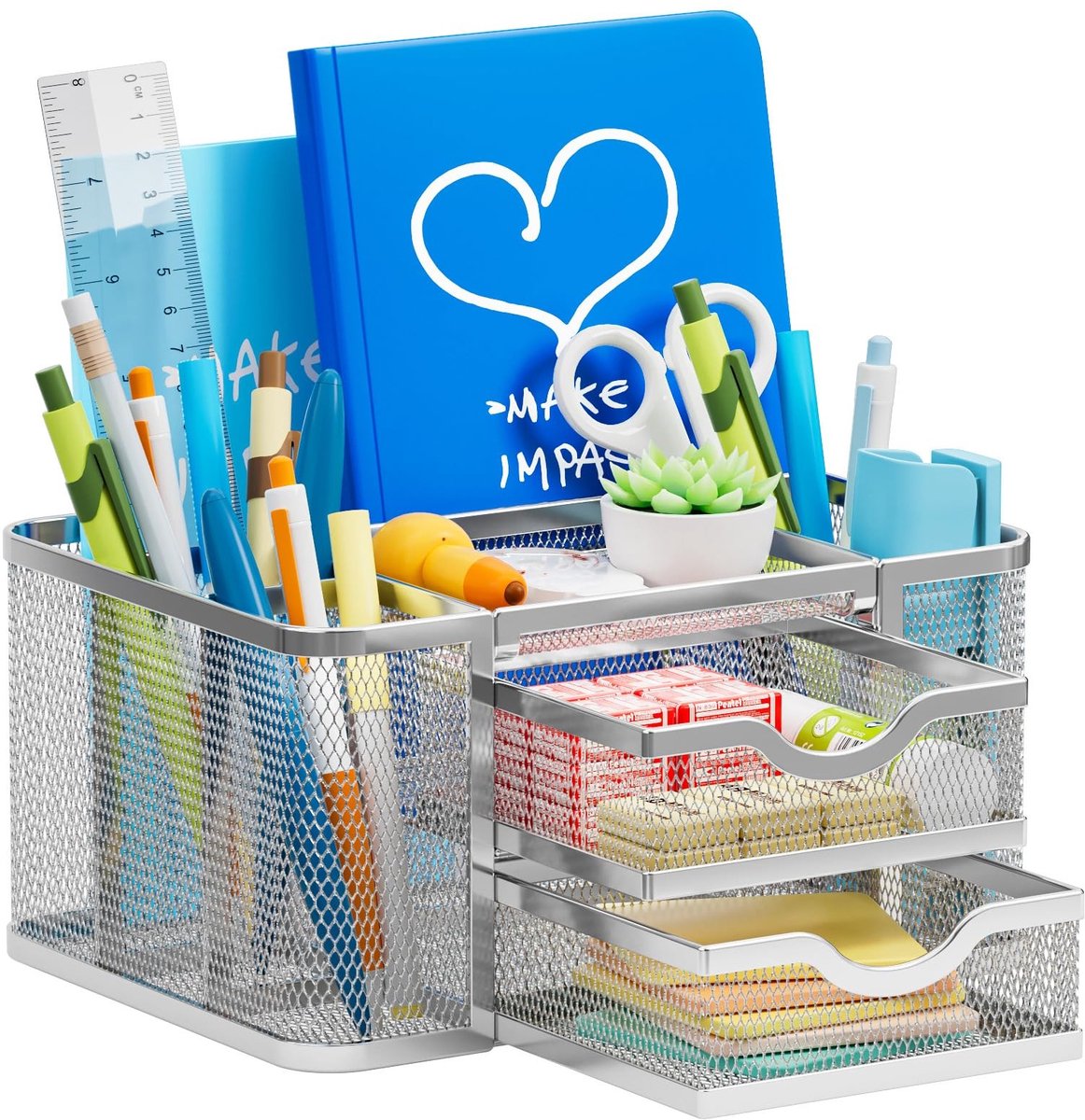 Dailygoody - Bureau Organizer - Multifunctionele Penhouder - Zilver - Desktopopslag - Kantooraccessoires - Geschikt voor thuiskantoor - 2 Laden
