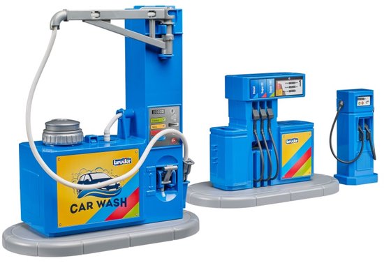 Blauw speelgoed tankstation met pompen en een autowasstraat op een grijze ondergrond.