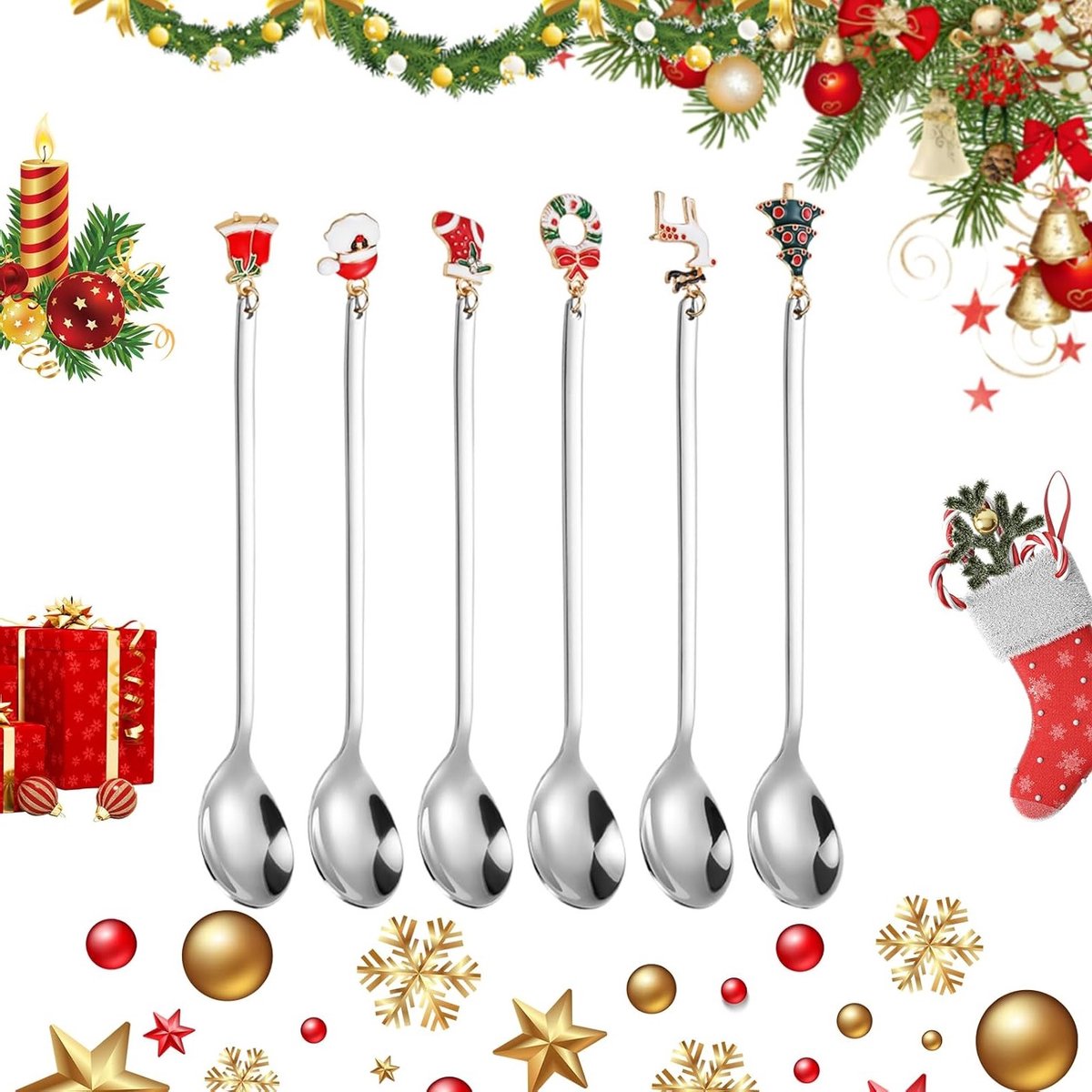 Set van 6 RVS Kerstlepels voor Thee en Dessert met Kersthangertjes en Boombelletjes