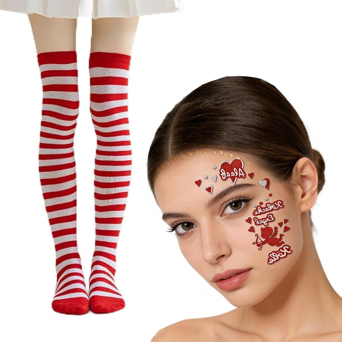 Gestreepte kniekousen in rood en wit met gezichtstatoeages voor carnaval en Halloween, feestelijke kostuumaccessoires voor clowns en themafeesten