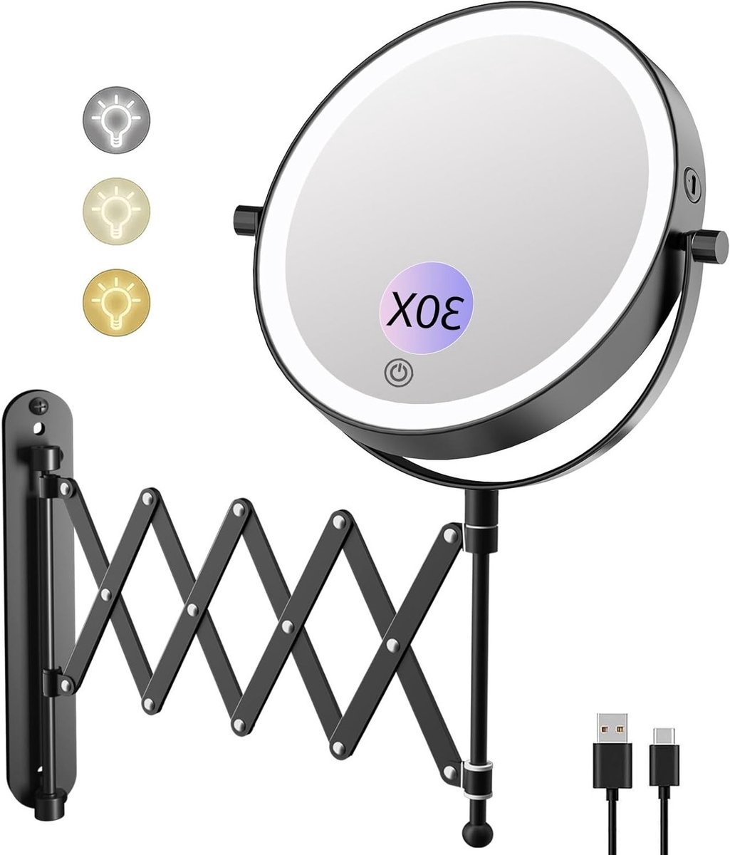 Oplaadbare Make-up Spiegel met 1X/10X Vergroting, 3 Kleuren Verlichting en 360° Rotatie voor Badkamer en Hotelgebruik