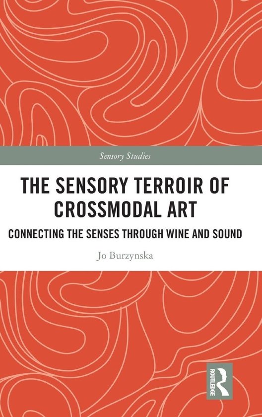 Boekomslag met oranje achtergrond, abstracte witte lijnen en de titel 'The Sensory Terroir of Crossmodal Art'.
