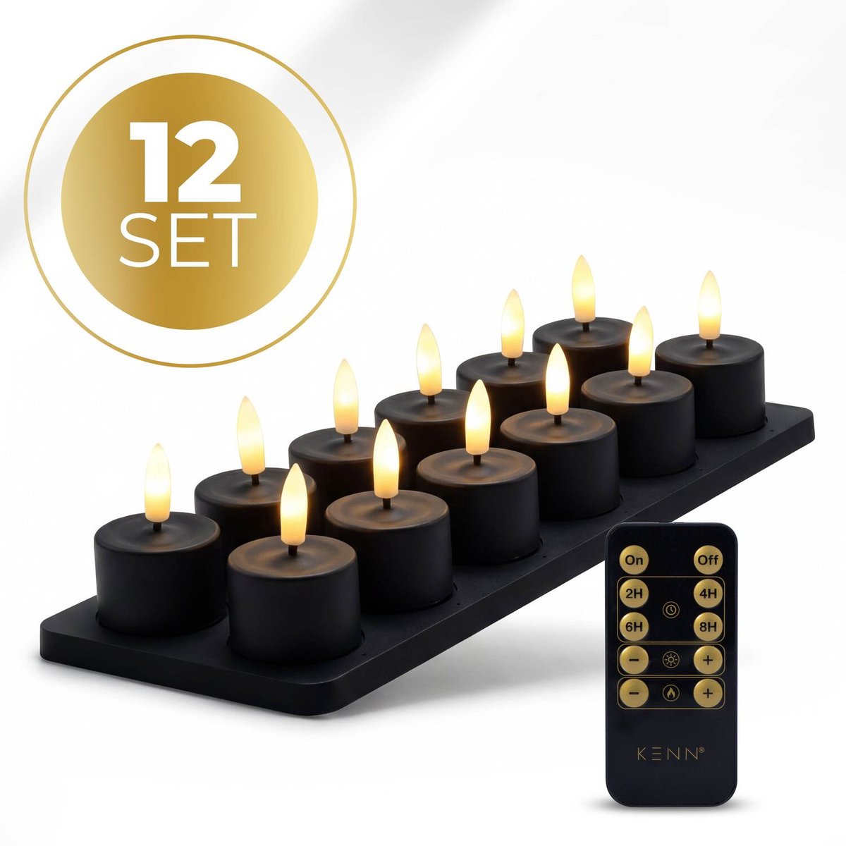 KENN® GlowPro™ Oplaadbare Waxinelichtjes – Tot 350 Branduren – Set van 12 – Zwart – Met Afstandsbediening – Magnetisch Oplaadstation – Timer – Realistische Wax Look & Feel – LED Waxinelichtjes – Oplaadbare Theelichtjes – Oplaadbare Kaarsen – Horeca