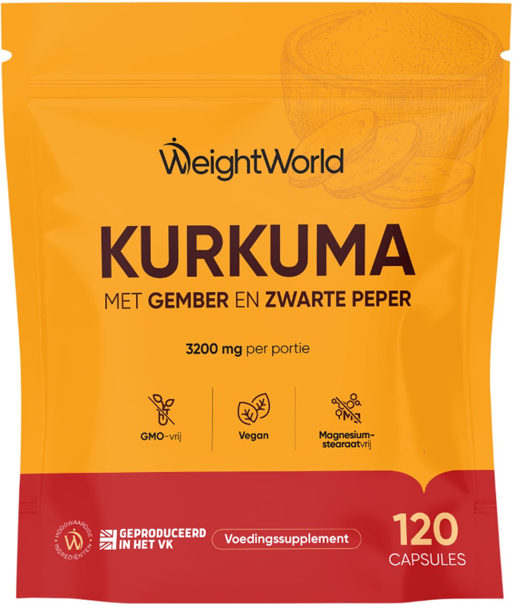 WeightWorld Kurkuma capsules - 3200 mg - 95% Curcumine - Verrijkt met Zwarte Peper en Gember - Gemaakt in het VK - Ideaal voor onderweg
